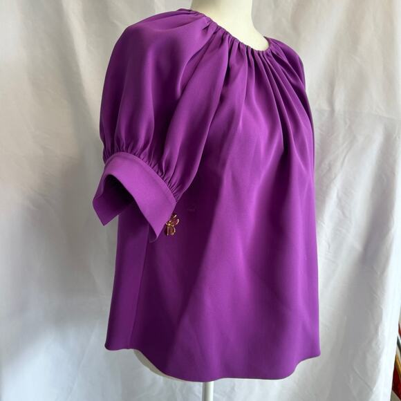 Oscar de la Renta Gathered Stretch Silk Blouse in Hyacinth - Size 4 - Picture 4 of 14